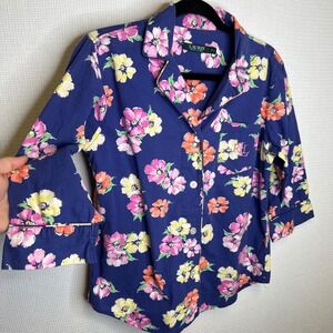 Lauren Ralph Lauren Womens Pajama Top Floral Print Blue Pink Yellow Size S